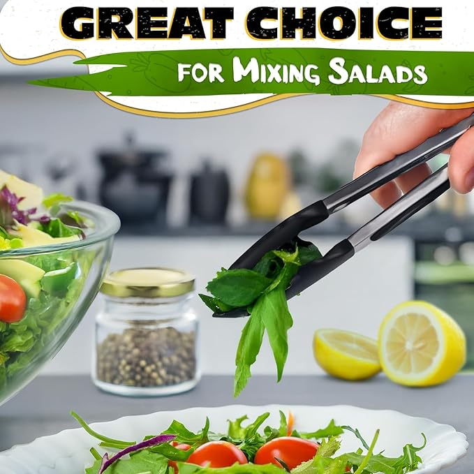Kitchen Tongs Set of 3, 7/9/12 in, Stainless Steel (Black)