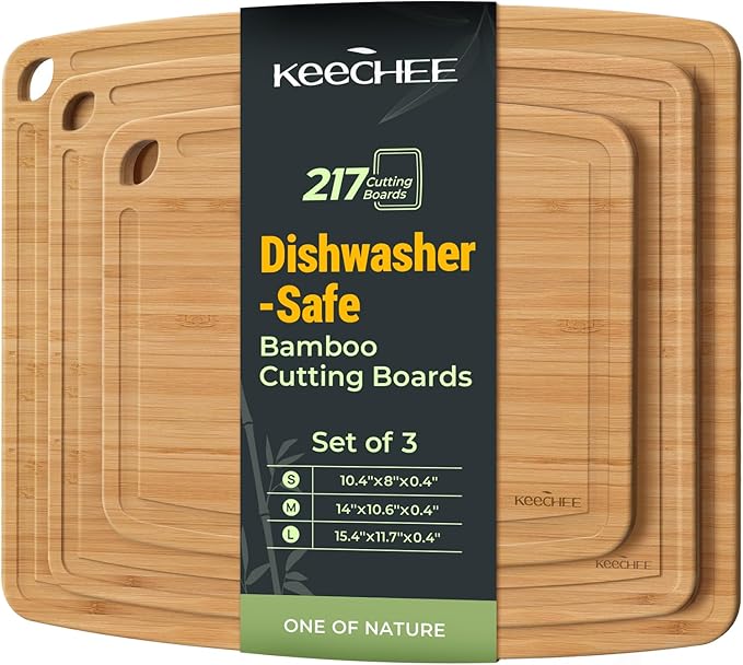 Keechee Dishwasher Safe Bamboo Cutting Boards Durable Lightweight Wood Cutting Board for Busy Kitchen, Easy Clean Wooden Chopping Boards with Juice Groove Set of 3 (L+M+S)