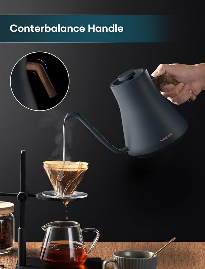 INTASTING Electric Kettles, Gooseneck Electric Kettle, ±1℉ Temperature Control, Stainless Steel Inner, Quick Heating, for Pour Over Coffee, Brew Tea, Boil Hot Water, 0.9L Navy Blue
