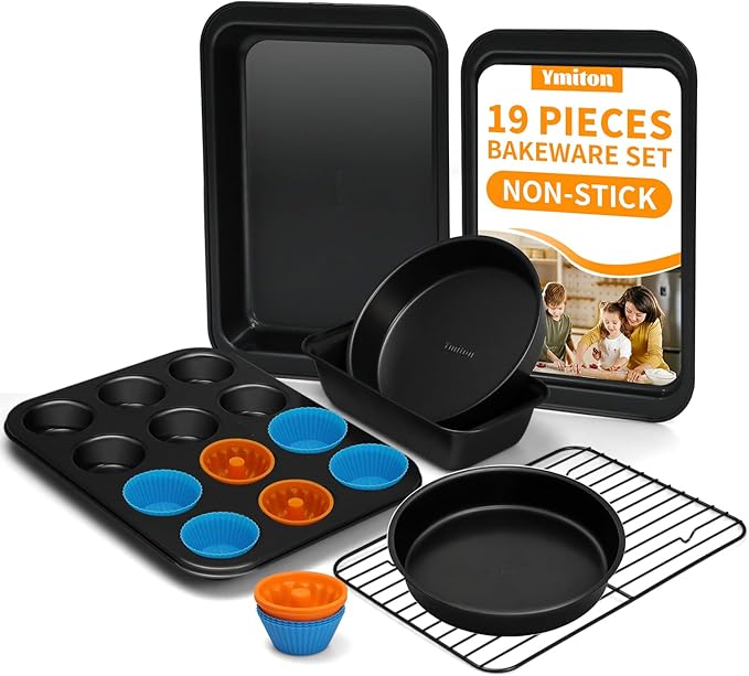 Ymiton Nonstick Baking Pans Set, 19 PCS Stackable Bakeware Sets, Oven Pan Set Includes Baking Tray, Cookie Sheet, Cake Pans, Loaf Pan, Muffin Pan, Silicone Cups