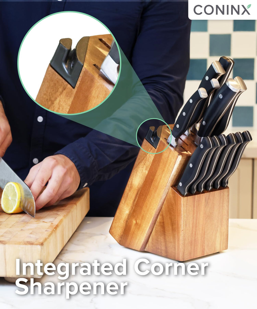 Coninx Knife Block with Built-In Sharpener – 15 Slot Acacia Wood Knife Holder for Kitchen Counter – Non-Slip Wooden Knife Organizer Stand for Chef & Bread Knives