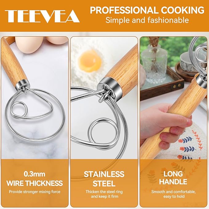 TEEVEA Danish Dough Whisk Wooden Handle Stainless Steel for Sourdough Bread
