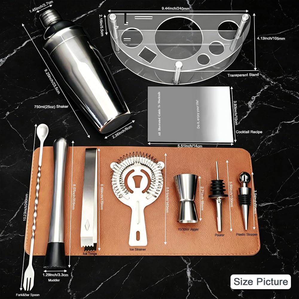 9-Piece Cocktail Shaker with Stand, 25oz Bartender Kit, Cocktail Shaker with Strainer Set, Bar Set Jigger for Bartending Drink Mixer Set, Cocktail Set Recipe (Silver)
