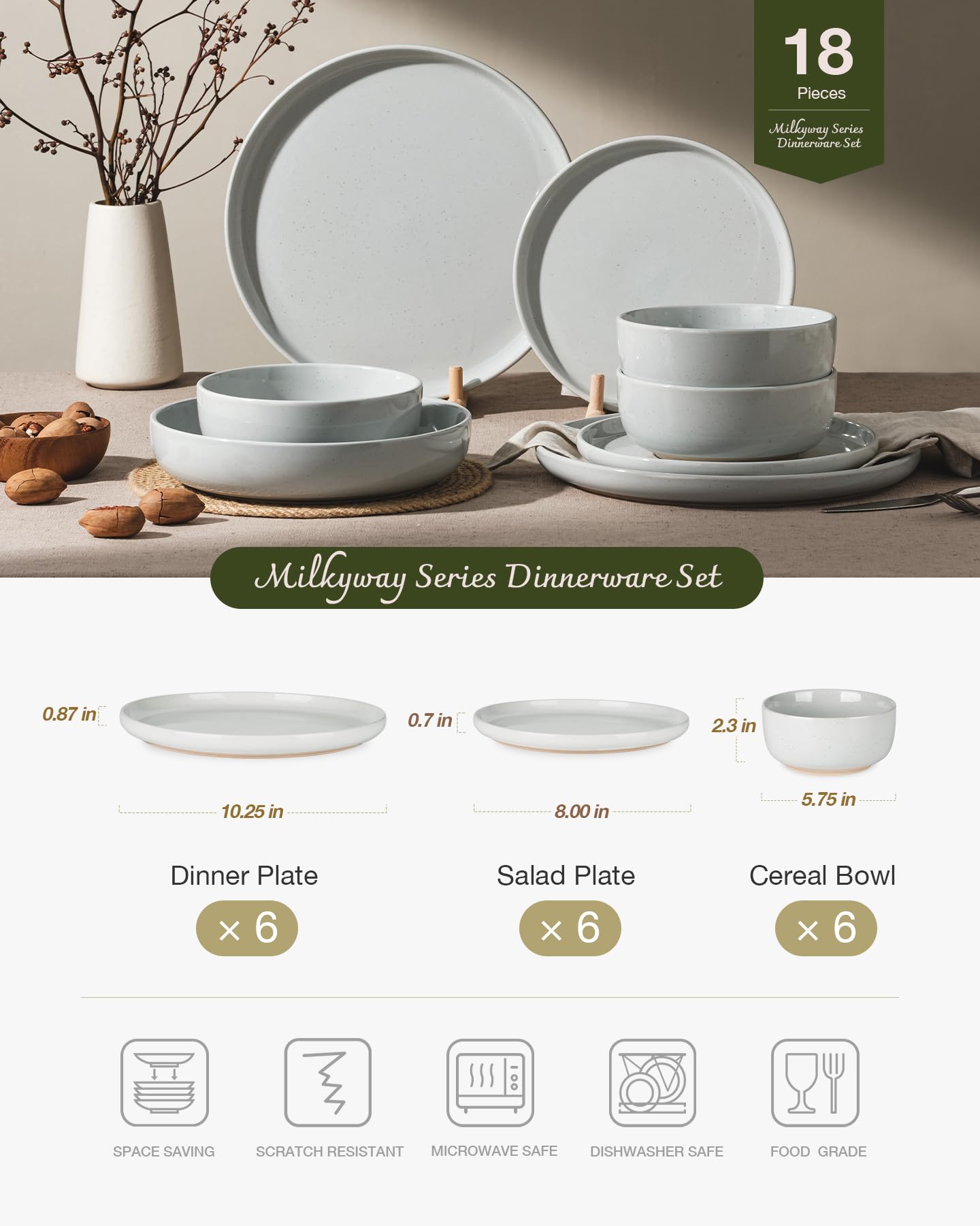 Famiware Milkyway 18-Piece Stoneware Dinnerware Set, Light Gray