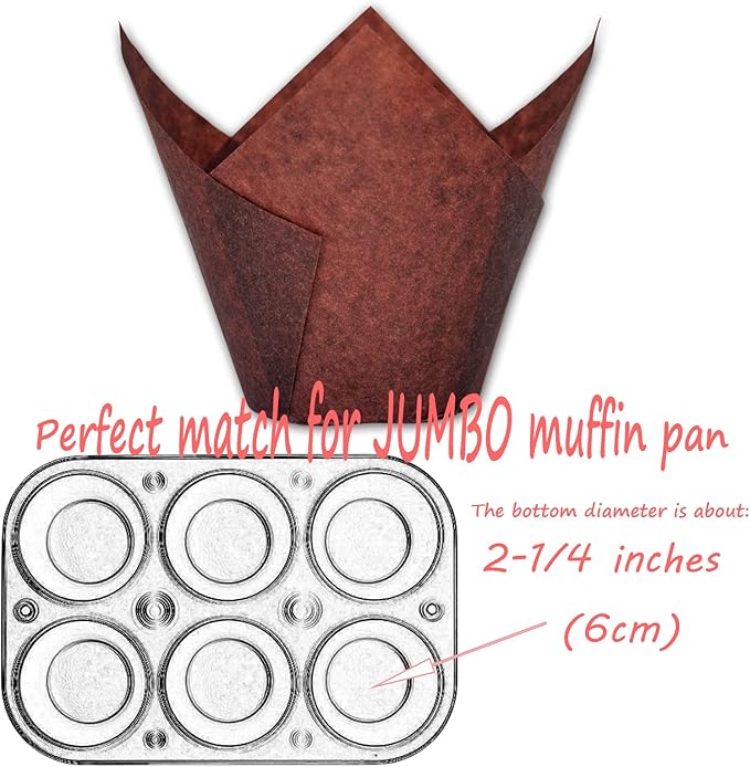 MyBakning Jumbo Extra Large size Brown Tulip Baking Cups 2-1/4"(Base diameter) x 3-3/4"(Wall height) Greaseproof paper baking cupcake Muffin liners, Case of 130 pcs
