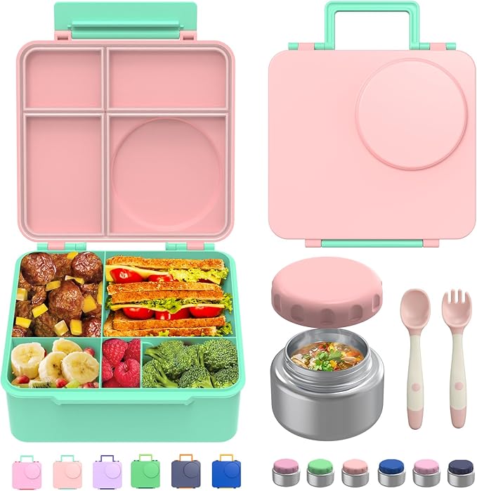 JoyYum Bento Box for Kids - Leak-Proof Bento Lunch Box with Insulated Thermo Food Jar - 4 Compartments, 1 Removable Divider, 1 Spoon, 1 Fork - Dishwasher Safe, BPA-Free (Light pink)