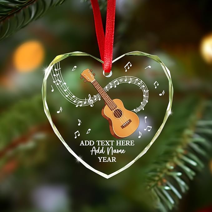 Personalized Ukulele Glass Ornament with Text Name Year, Ukulele Instrument Christmas Tree Ornament, Customized Musical Instrument Christmas Ornaments 2026, Gift for Men Women Music Lover