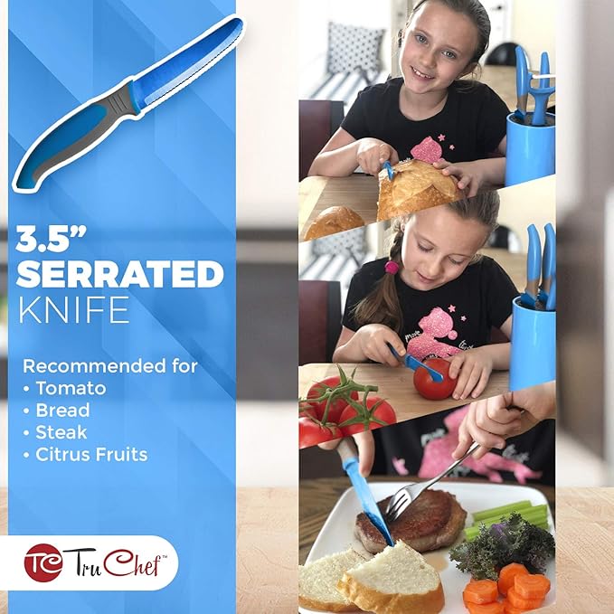 TruChef 5-Piece Kids Knife Set | Real Stainless Steel Cooking Knives with Peeler, Serrated Blade & Storage Stand | Safe, Easy-Grip Design – Fun Junior Chef Set for Boys & Girls (5 pcs, Blue)