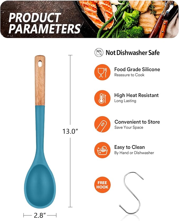 Badiano Large Silicone Cooking Spoons, Nonstick Solid Wooden Handle,13.2in