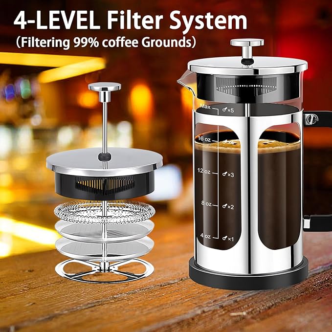 YMMIND French Press Coffee Maker (21oz 600ML 3-4Cup) Coffee Press, with 4 Filters System, Heat Resistant Thickness Borosilicate Glass, Cold Brew Coffee Tea Pot Gifts (Silvery)