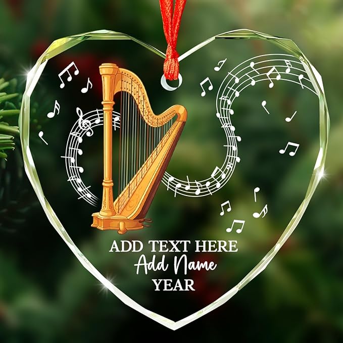 Personalized Text Name Year Harpist Christmas Ornament, Customized Harp Music Instrument Glass Ornaments, 2026 Xmas Ornament Gift for Teacher Student Harp Player, Musician Xmas Decorations