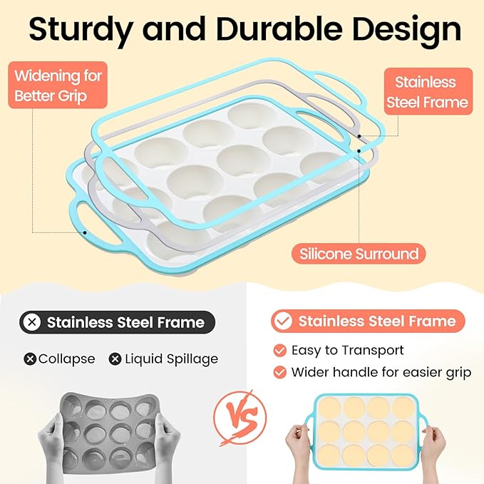 Fimary Silicone Muffin Pans for Baking 2 Pack, 2.6 Inch with Metal Reinforced Frame, Regular Size Nonstick Cupcake Pan 12 Cups for Baking Homemade Muffins, Dishwasher Safe BPA Free-Blue