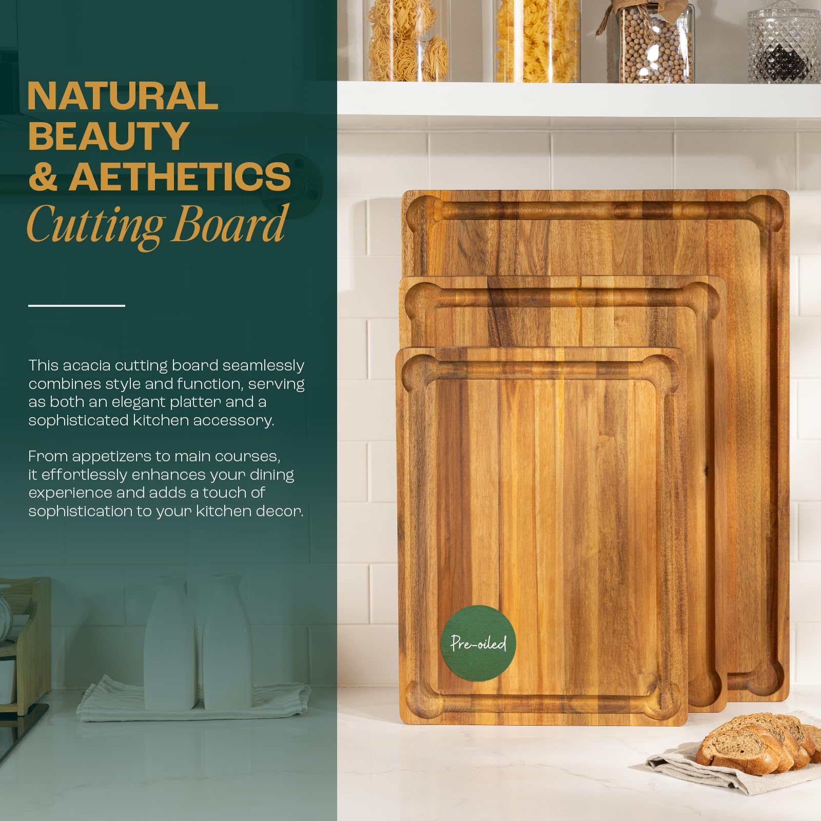 Yes4All Durable Acacia Cutting Boards for Kitchen, [17''Lx13''Wx1.5” Thick] Medium Edge Grain Cutting Board, Pre Oiled Wood Cutting Boards, Thick Chopping Board w/Juice Grooves and Easy Grip Handle
