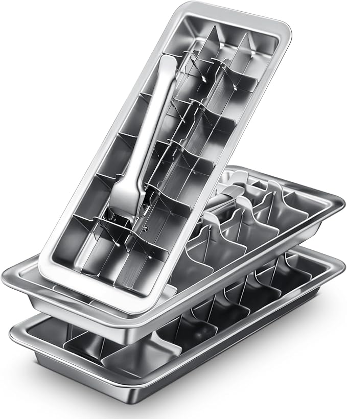 Yaocom 3 Pcs 18 Slot Stainless Steel Ice Cube Maker and Tray Ice Cube Tray for Bars Kitchens Levers Remove Cubes Easy Removal Metal Food Grade Freezer Molds for Food Juice Dishwasher Safe