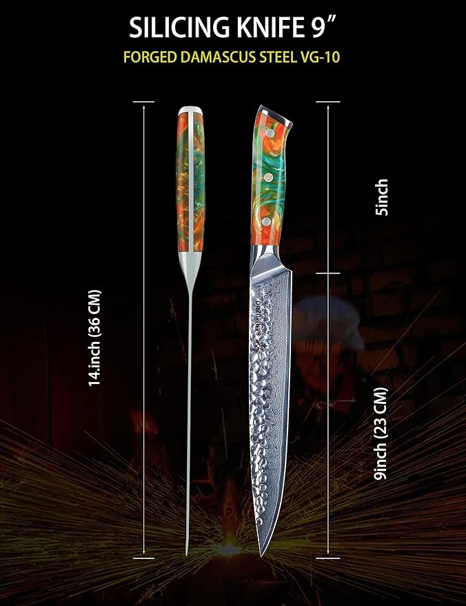 SANMUZUO 9 Inch Carving Knife, Slicing Knife - Hammered Damascus Steel & Resin Handle - Yao Series