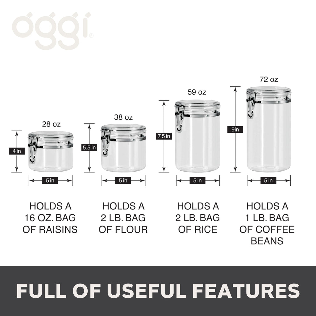 Oggi 4pc Clear Canister Set with Clamp Lids Airtight Containers in Sizes Ideal for Kitchen & Pantry Storage of Bulk, Dry Foods Including Flour, Sugar, Coffee, Rice, Tea, Spices & Herbs