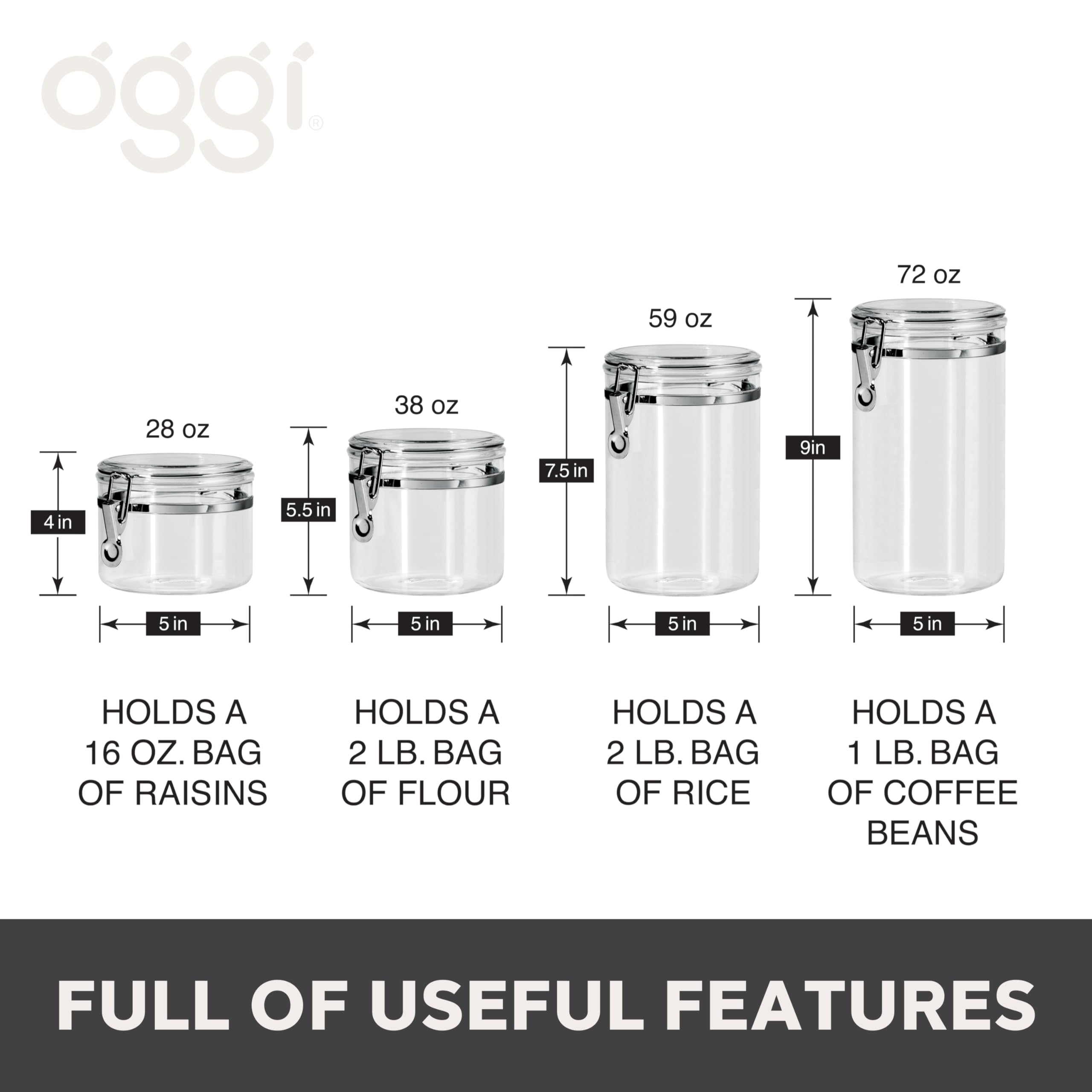 Oggi 4pc Clear Canister Set with Clamp Lids Airtight Containers in Sizes Ideal for Kitchen & Pantry Storage of Bulk, Dry Foods Including Flour, Sugar, Coffee, Rice, Tea, Spices & Herbs
