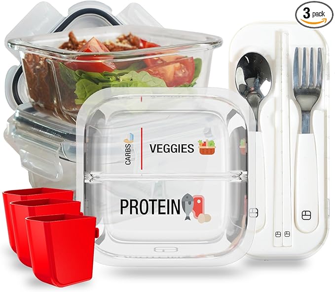 BariBowl Portion Control Containers for Bariatric Meals – 8 oz Glass Meal Prep Containers with Two 4 oz Compartments and Lids (3 Pack), Reusable Bento Lunch Boxes