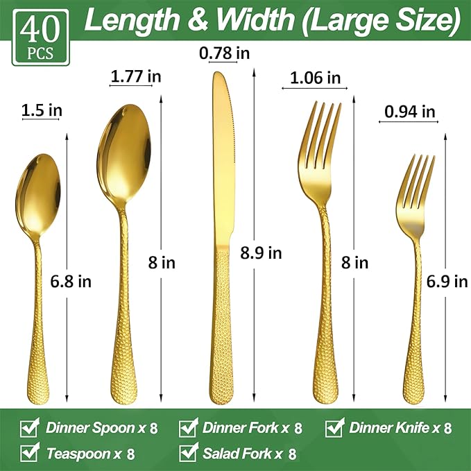 40 Pcs Gold Silverware Set for 8, Food Grade Stainless Steel Flatware Set, Eating Utensils Sets Include Fork/Knife/Spoon, Reusable Cutlery Set for Home Kitchen, Dishwasher Safe, Wave Hammered