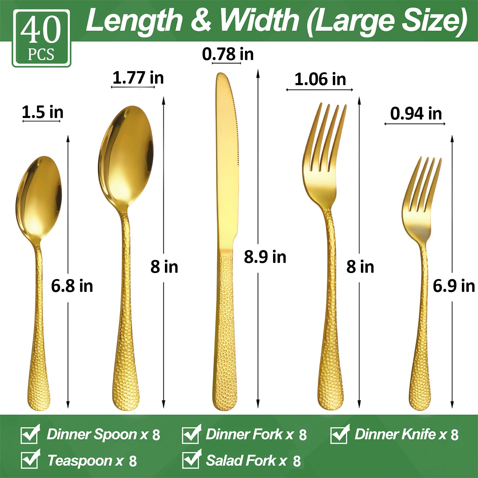 40 Pcs Gold Silverware Set for 8, Food Grade Stainless Steel Flatware Set, Eating Utensils Sets Include Fork/Knife/Spoon, Reusable Cutlery Set for Home Kitchen, Dishwasher Safe, Wave Hammered