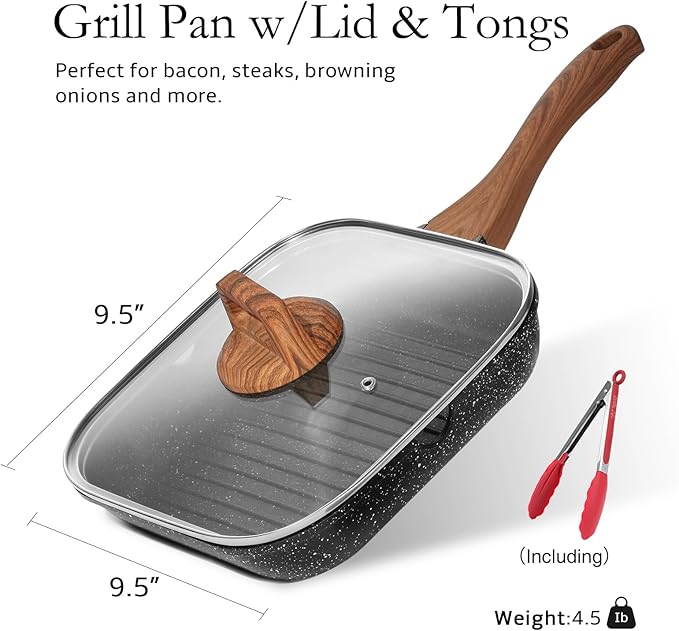 ESLITE LIFE Nonstick Grill Pan with Lid & Tongs for Stove Tops, 9.5 Inch Versatile Square Big Grilling Skillet Steak Pan with Pour Spouts for Indoor & Outdoor Cooking, PTFE & PFOA Free, Black