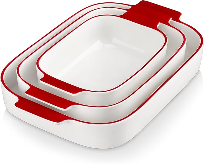 MALACASA Ceramic Casserole Dishes Set of 3, Red Trim Baking Dish for Oven