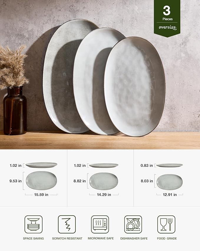 famiware Serving Platters Set of 3 Sizes - Oval, Grey