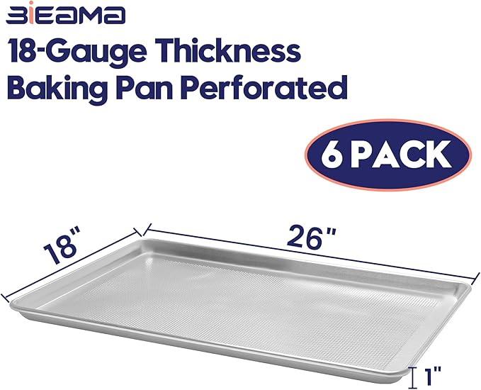 BIEAMA 6 Pack Full Size 18" x 26" Aluminum Baking Sheet Pan Perforated, Commercial Bakery Equipment Cookie Sheets, NSF Approved Baking Tray