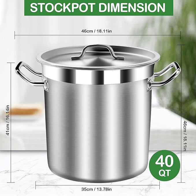 STOCKPOT Large Soup Pot with Lid - 40 Quart Stainless Steel Stockpots, Cooking Pots, Stock Pot with Lid, Big Pots for Cooking, Heavy Duty, Induction & Oven Safe