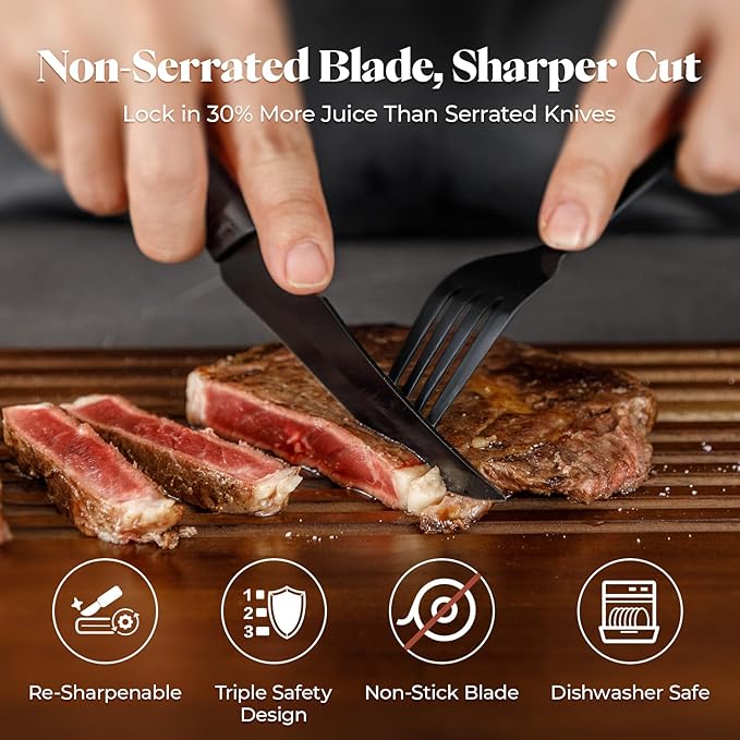 CuoCreate Steak Knives Set of 8, 4.7 Inch Dishwasher Safe Non-Serrated Table Knives, Ultra Sharp for Precise Cutting, Non-Stick Blade & Rust Proof, Easy to Maintain Ideal for Home Restaurant Party