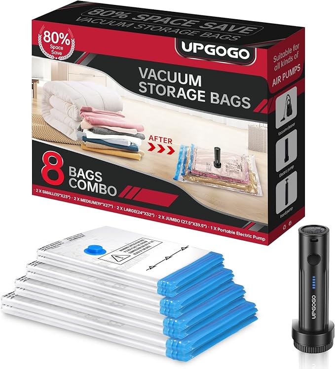 UPGOGO Vacuum Storage Bags with Portable Electric Pump,Vacuum Seal Bags for Clothing,Space Saver Bags,Vacuum Travel Bags for Luggage(Combo 8 Pack)