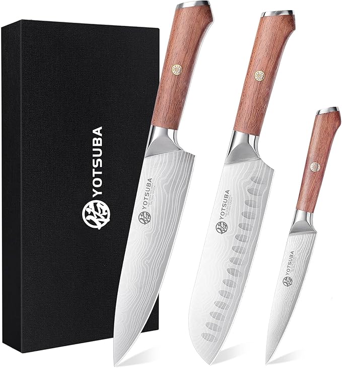 YOTSUBA 3 PCS Japanese Kitchen Knife Set, Razor Sharp High Carbon Stainless Steel Chef Knives with Ergonomic Natural Rosewood Handle, Premium Gift Box for Home & Restaurant Use