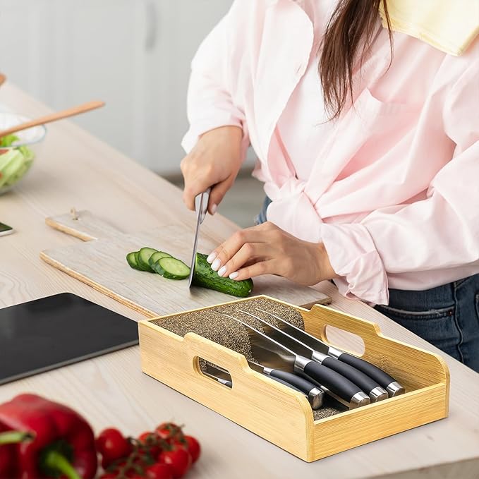 Mospten Bamboo Knife Drawer Organizer Insert - Kitchen In-Drawer Knife Block Holder, Flexible Dividers for Knives Organization