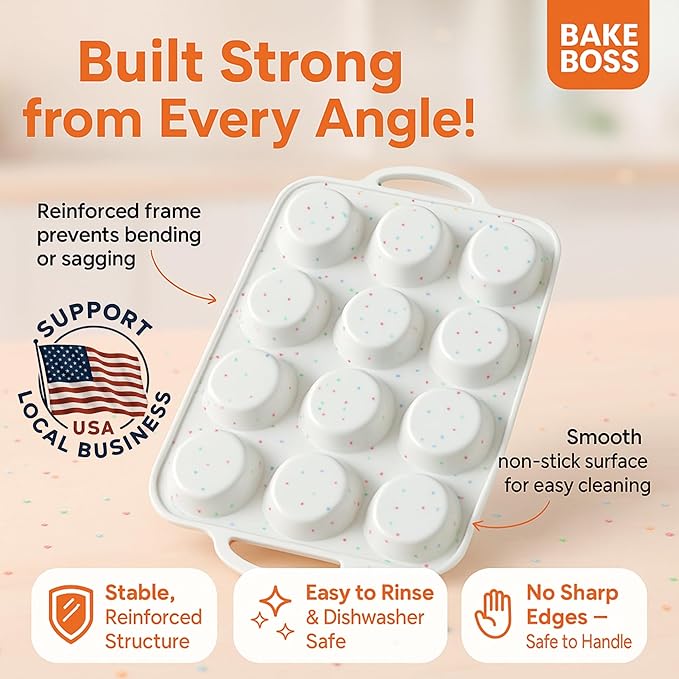 BAKE BOSS Silicone Muffin Pan for Baking, 1-Pack Regular 12 Cup, BPA-Free