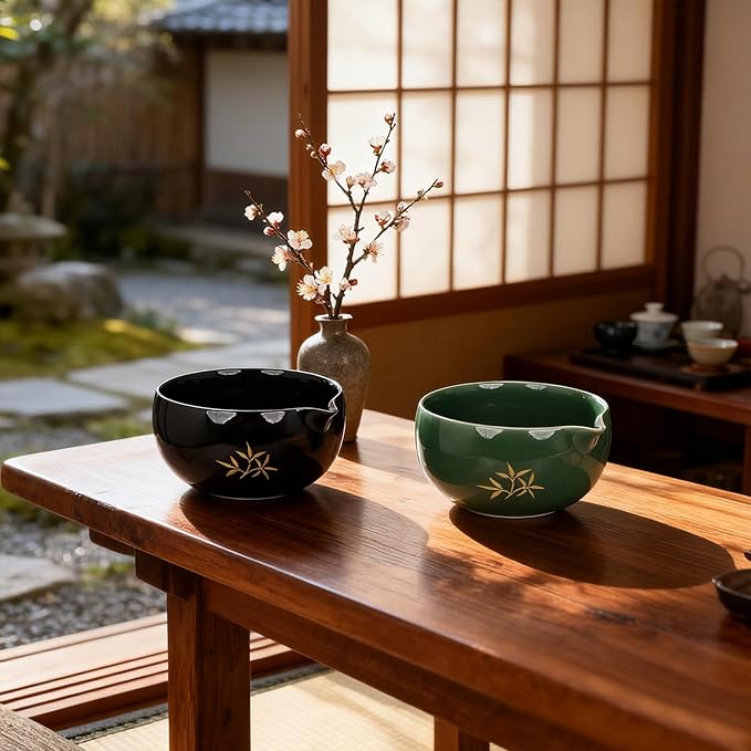 CyaLivoo Matcha Whisk Set, 8 Pcs Gold Plum Blossom Matcha Kit for Japanese Tea Ceremony, Ceramic Bowl with Spout, Bamboo Whisk, Spoon, Scoop, Sifter, Towel, Gift for Beginners and Matcha Lovers(Green)
