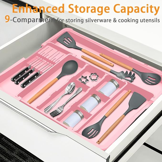 Homecor Utensil Drawer Organizer for Kitchen, Expandable Silverware Organizer Cooking Utensils Tray, Large Cutlery and Flatware Holder, Kitchen Tools & Gadgets Storage (Pink)