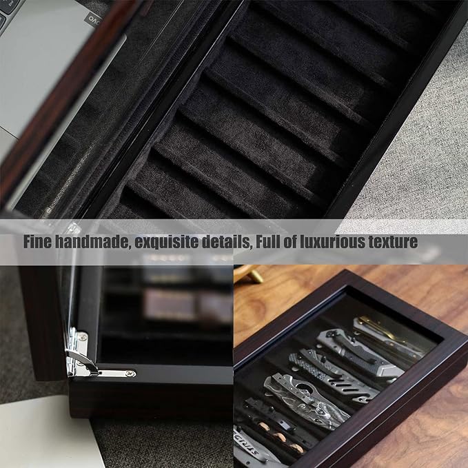 Besforu Knife Display Case Organizer storage 8 pocket knives, Folding Knife Holder with Real Glass Window Top， Pocket knife collection box for men gift (Ebony Veneer 8 slot)