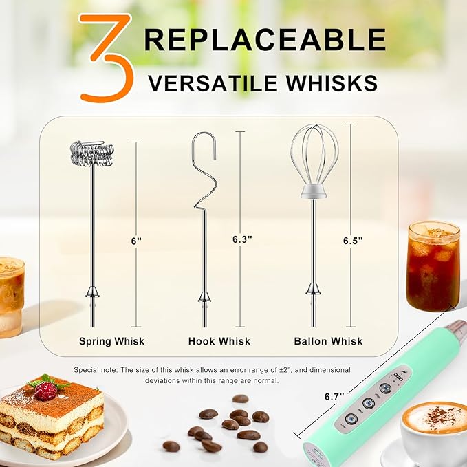 YUSWKO Handheld Milk Frother Wand for Coffee, Rechargeable Electric Whisk with 3 Heads 3 Speeds Drink Mixer Coffee Frother For Latte, Cappuccino, Hot Chocolate, Egg, Baby Blue