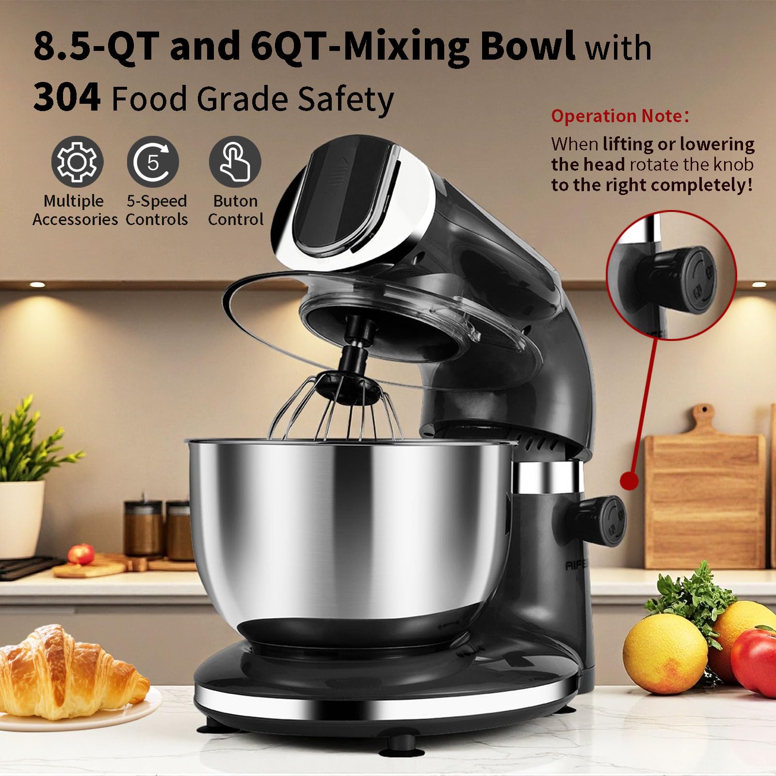 Stand Mixer, 8.5QT+ 6QT Two Stainless Steel Bowls Electric Food Mixer Black