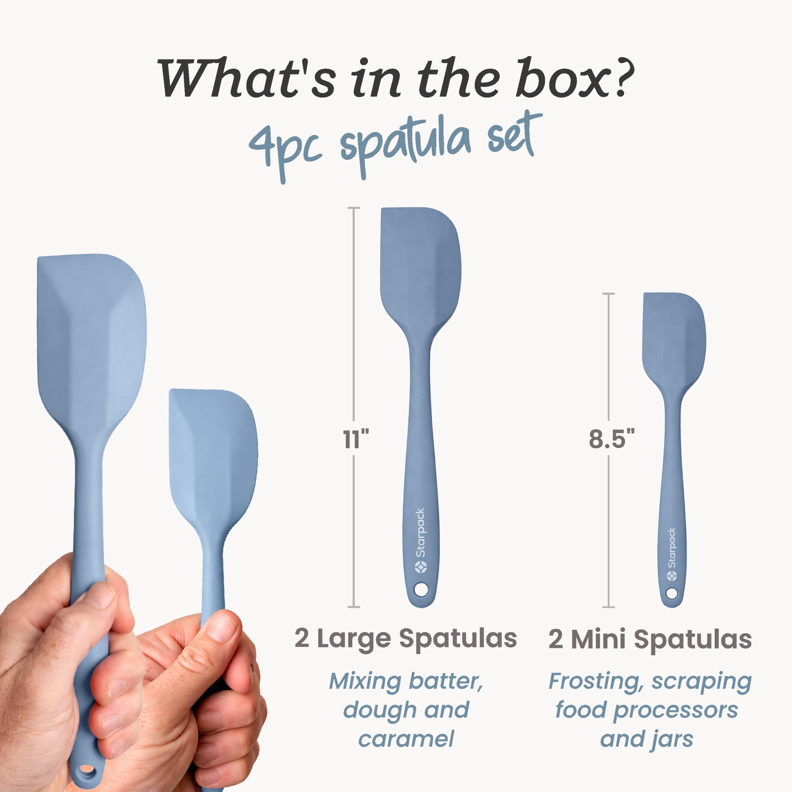 Starpack 'Scrape and Stir' Silicone Rubber Spatula Set (4-Piece) - LFGB Non Toxic, 600°F Heat Resistant, BPA-Free, One-Piece Kitchen Baking Spatulas - Dishwasher Safe for Nonstick Cookware Light Blue