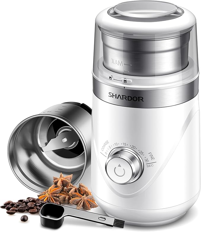 SHARDOR Electric Super Silent Blade Coffee Grinder, Timed Grind Control Rotary Knob, Adjustable Coarse to Fine for Coffee Beans, Spices & Herbs, with 2 Removable Stainless Steel Bowl, Brown