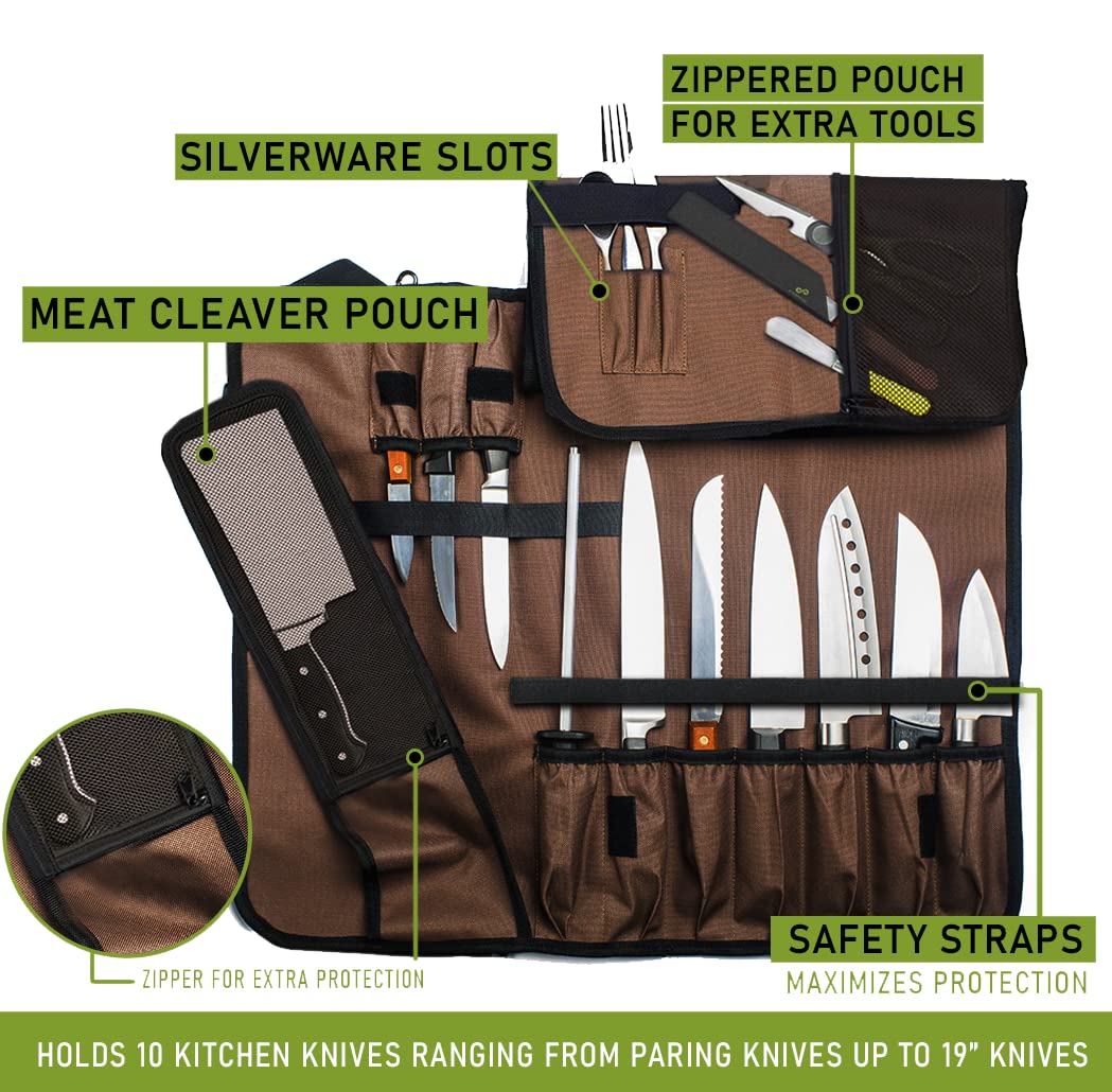 EVERPRIDE Chef Knife Roll Bag Holds 10 Knives – Contains 2 Large Zippered Pockets for Meat Cleavers and Cooking Tools – Durable Knife Carrier Case for Chefs and Culinary Students – Knives Not Included