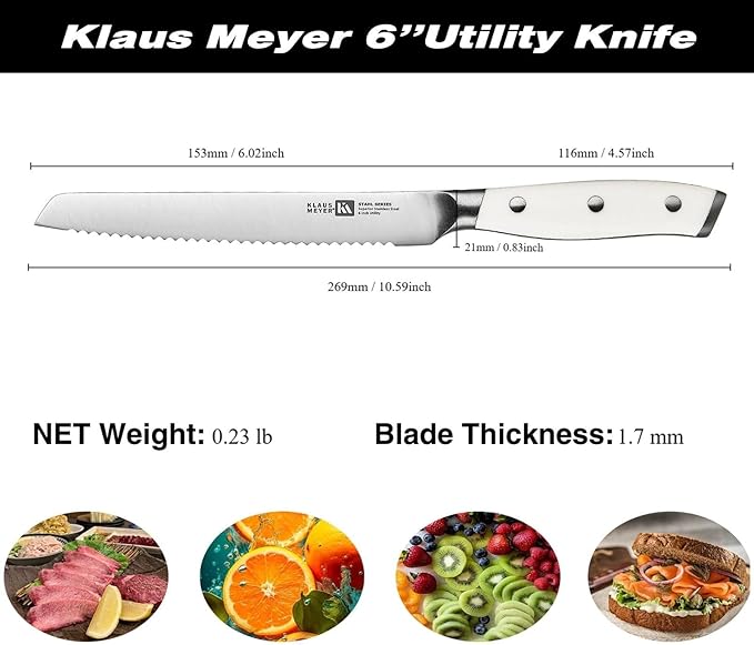 Klaus Meyer 6 Inch Serrated Utility Knife, Bread and Tomato Knife(White)
