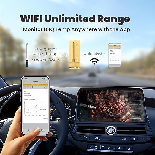 BBQOVN WiFi Sub-1G Wireless Meat Thermometer Unlimited Range, Check Temp Anywhere,7 NIST Certified Sensors with Ambient Temp, Monitor for BBQ, Grill, Oven, Smoker, Air Fryer (Harvest Bamboo)