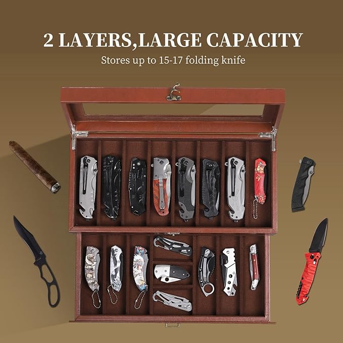 AUTOARK 2-Tier PU Leather & Velvet Knife Organizer with 17 Slots,Transparent Glass Top & Drawer,Compact Storage for Pocket Knives,Perfect for Men's Collections & Gifts,Coffee,MKAW012