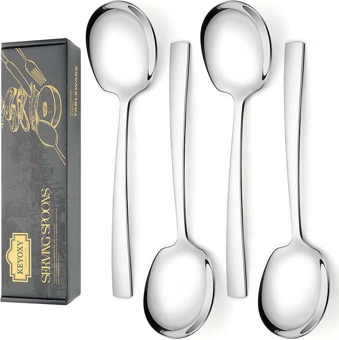 Keyoxy 4 Piece Stainless Steel Serving Spoons Set - 4 Large Spoons, 9.2-Inch, Dishwasher Safe, for Parties/Kitchen/Buffet/Catering