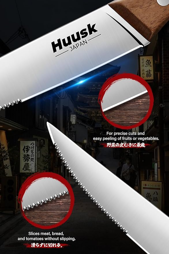 Huusk Steak Knives Set of 6 with Wood Block, Serrated & Straight Dual-Edge