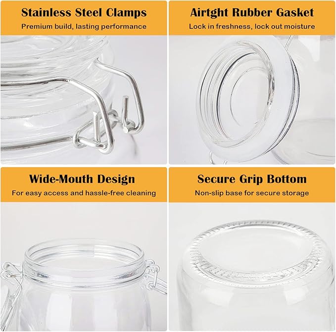 Flrolove 32oz Set of 4 Glass Kitchen Storage Canister Mason Jars with Lids