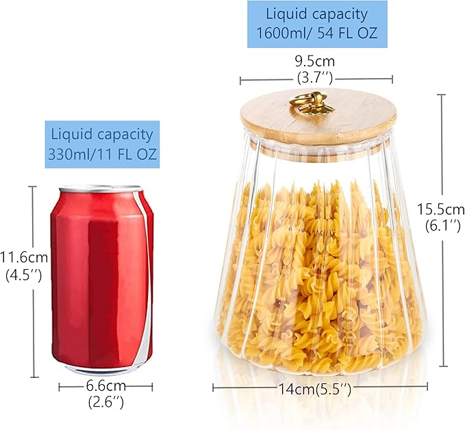 Glass Coffee Nuts Canister, Airtight Jar Bamboo Lid 54 FL OZ, Large Conical