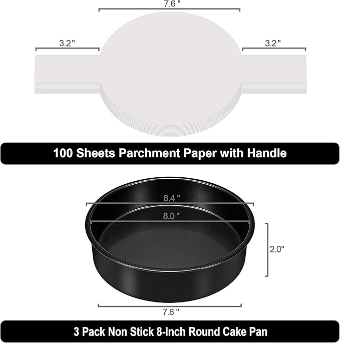 8 Inch Cake Pan, 3PCS Nonstick Baking Pans Set with 100PCS Parchment Paper